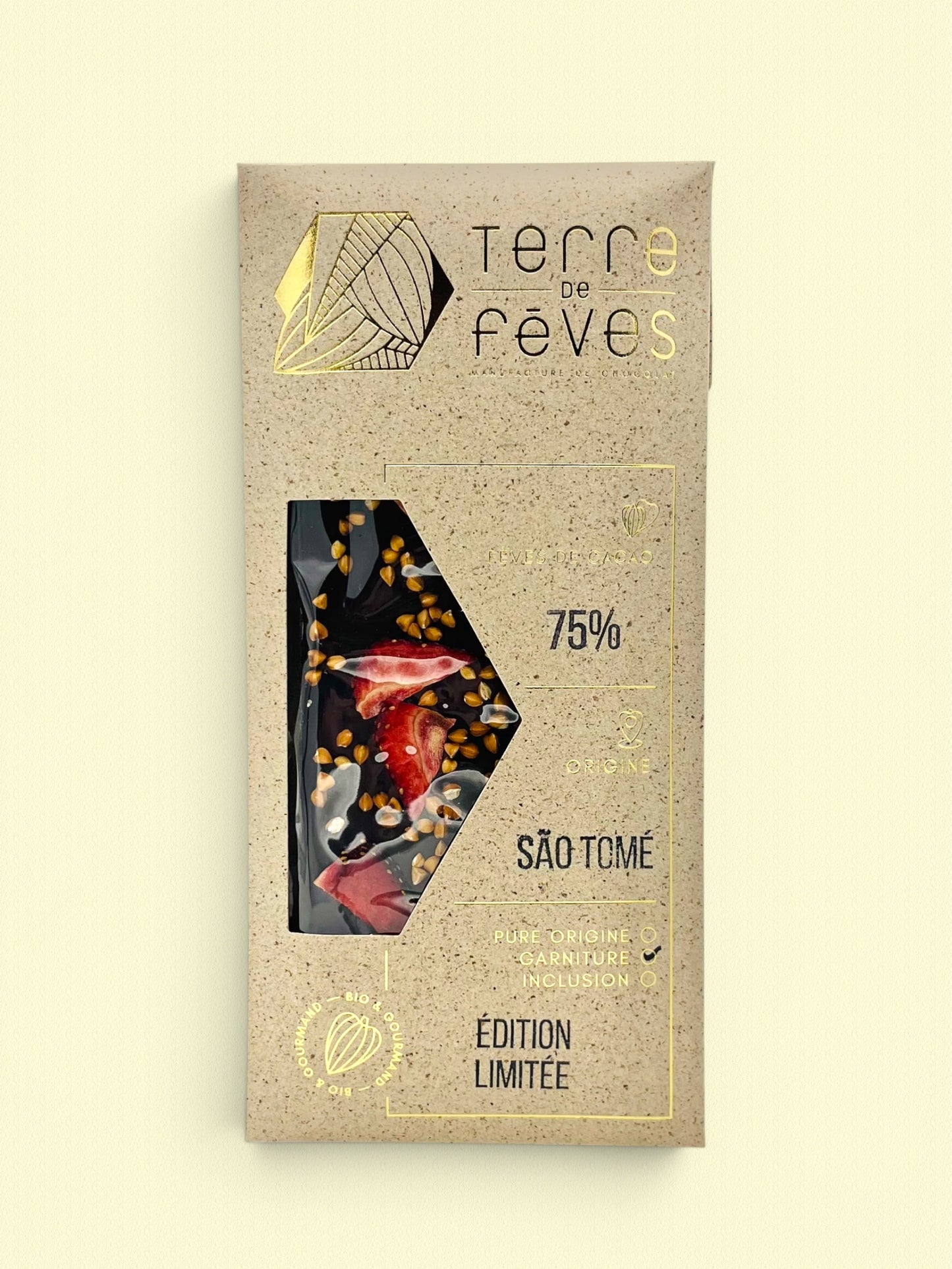Chocolat 75% Sao Tomé aux sarrasin et fraises séchées