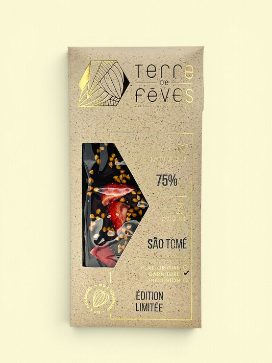 Chocolat 75% Sao Tomé aux sarrasin et fraises séchées